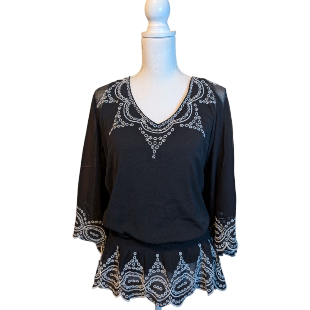 Alfani Black Sexy Ruffle Embroidered Blouse Elastic Waist XL